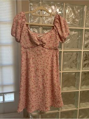 Spring Pink Floral Puff-Sleeve Midi Dress